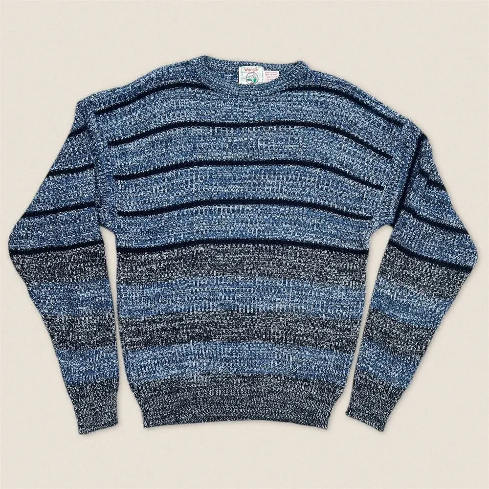 Vintage 90s Blue Gray Striped Grandpa Sweater Wrangler - Size Large